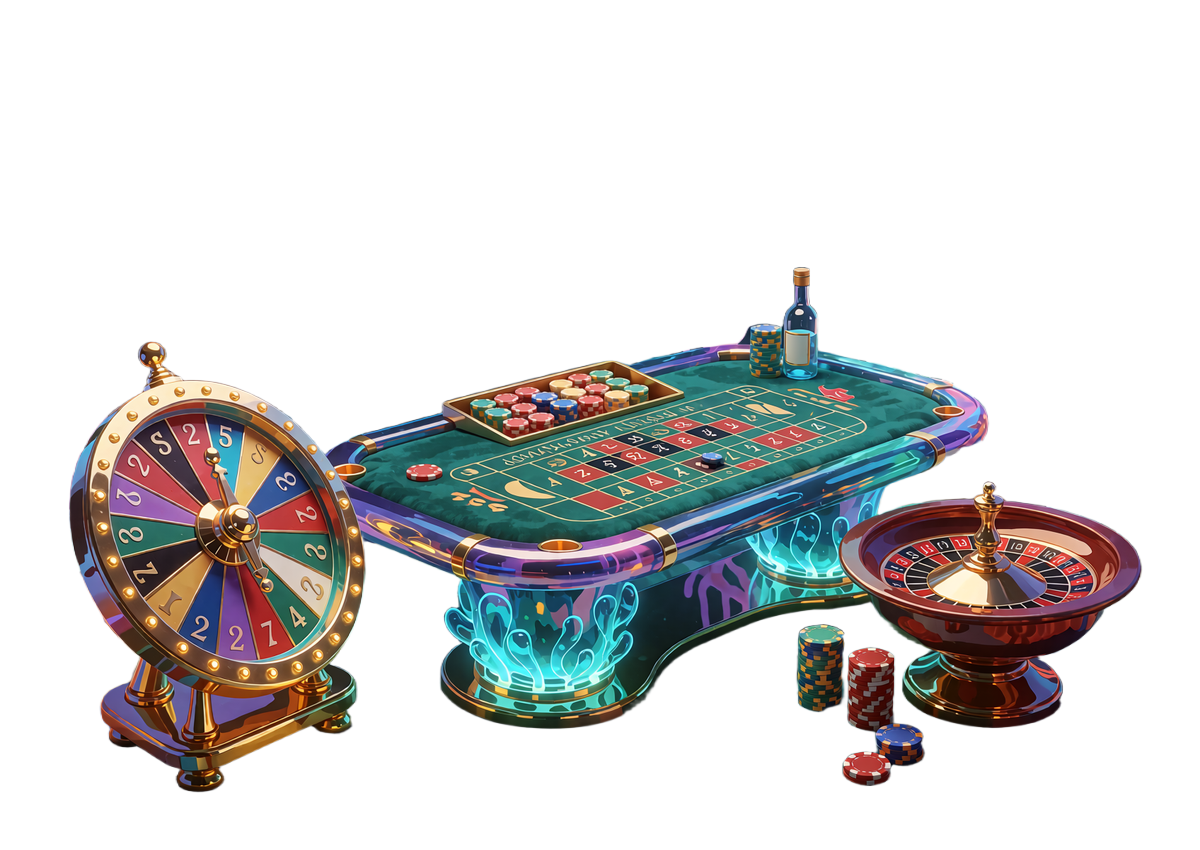 Neonowy st&oacute;ł kasynowy z kołem nagr&oacute;d, misą ruletki i żetonami - kasyno live w Fugu Casino