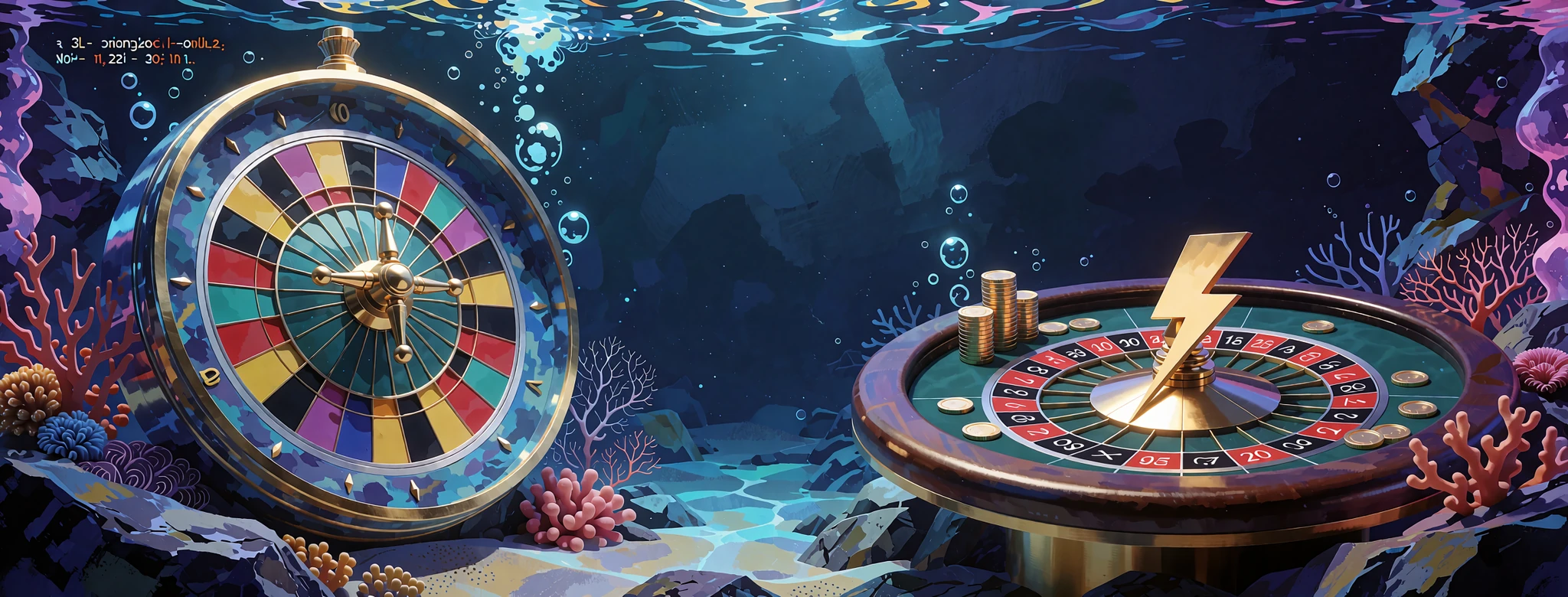 Kolorowe koło nagr&oacute;d w podwodnej scenerii - ilustracja gry live Crazy Time w kasynie online Fugu Casino